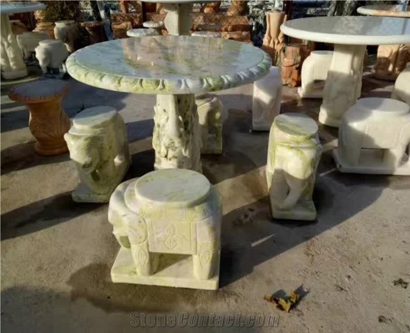 China Green Marble Table Set Carved Edge, Garden Stone Table & Chairs