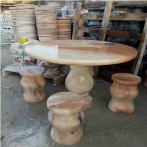 China Green Marble Table Set Carved Edge, Garden Stone Table & Chairs