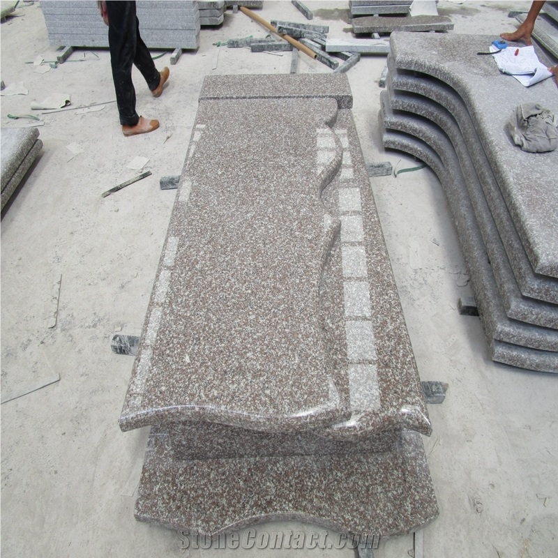 G664 Granite Tombstone,Monument,Memorials,Gravestone,Headstone,China Luna Pearl Luoyuan Red,Poland Style,Wave Cover Plate,Customized ,Cad Drawing