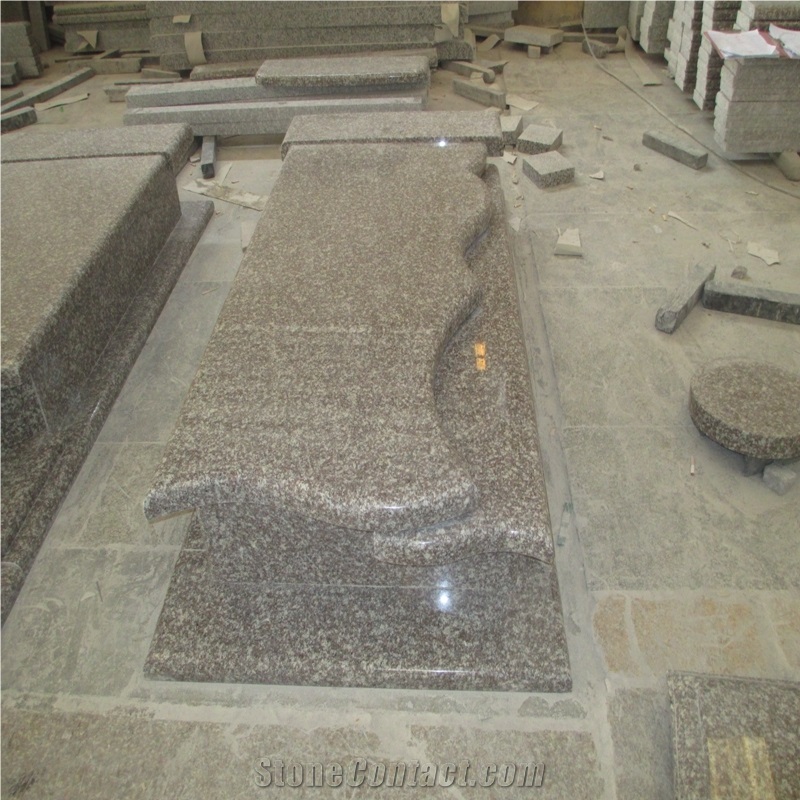 G664 Granite Tombstone,Monument,Memorials,Gravestone,Headstone,China Luna Pearl Luoyuan Red,Poland Style,Wave Cover Plate,Customized ,Cad Drawing