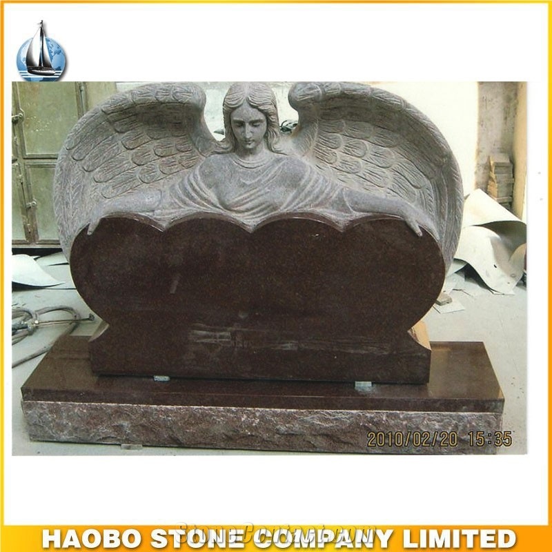 American Style Tombstone Red Granite Gravestone Double Heart Design with Angel Sculpture Headstone Custom Monument
