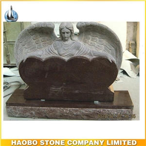 American Style Tombstone Red Granite Gravestone Double Heart Design with Angel Sculpture Headstone Custom Monument