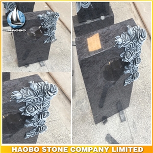 Bahama Blue Granite Tombstone Rose Carved with Antique Finish Monument Germany Style Headstone Direct Sale Upright Headstone