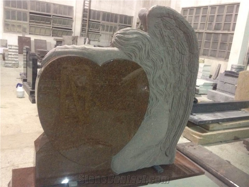 China Factory Direct Hand Carved Angel with Heart Monuments, Indian Red Granite Polished Headstone with Base