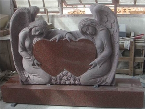 China Factory Direct Hand Carved Angel with Heart Monuments, Indian Red Granite Polished Headstone with Base