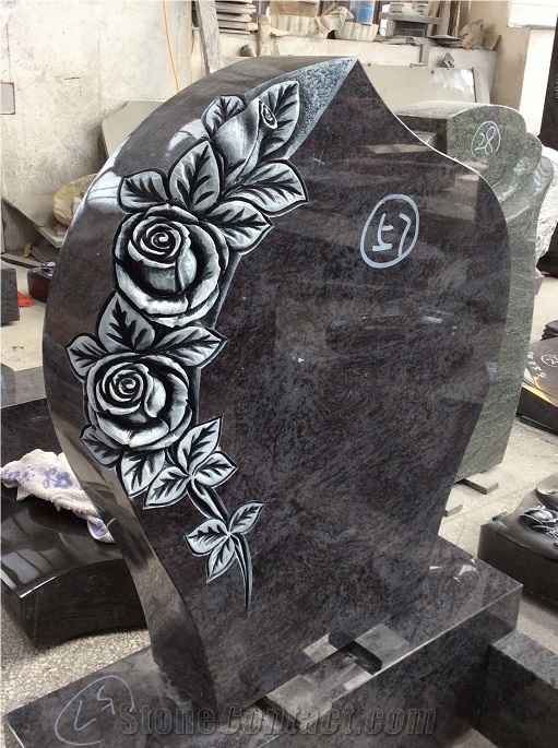 China Factory Direct India Himalaya Blue, Aurora Granite Germany Style Rose Hand Carving Memorials Headstone in Wholesale