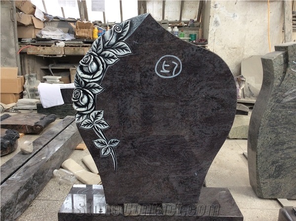 China Factory Direct India Himalaya Blue, Aurora Granite Germany Style Rose Hand Carving Memorials Headstone in Wholesale