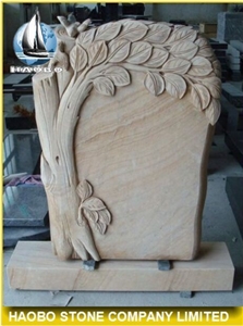 China Factory Direct Rainbow Sandstone Tree Style Carving Memorials, Red Sandstone Monuments, Headstone