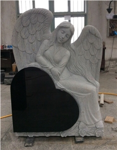 China Shanxi Black Granite Reclining Angel Heart Headstone, Indian Black Angel Gravestones, Angel Monuments, Angel Memorials, Angel Tombstones