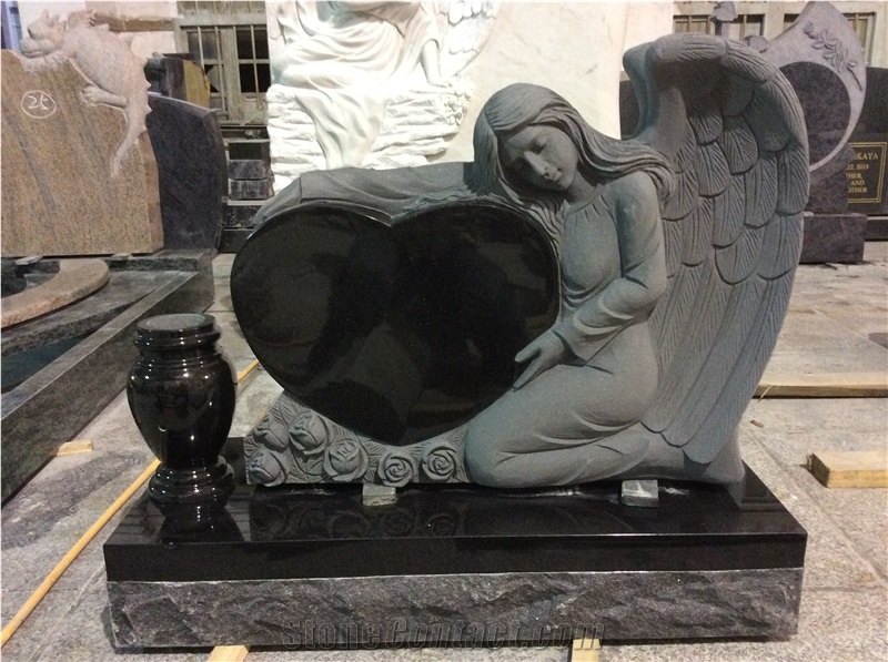 China Shanxi Black Granite Single Angel Heart Headstones, Affordable Indian Black Granite Angel Monuments, Hand Carved Angel Gravestones
