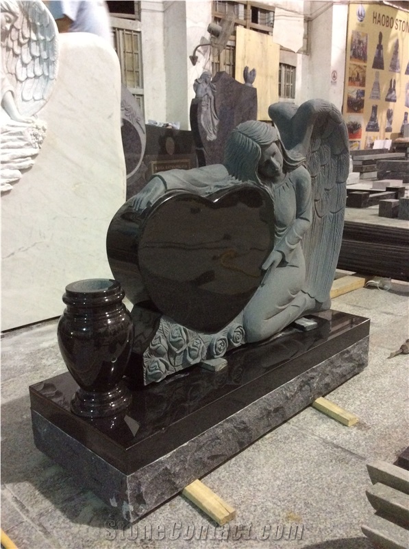 China Shanxi Black Granite Single Angel Heart Headstones, Affordable Indian Black Granite Angel Monuments, Hand Carved Angel Gravestones