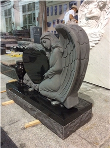 China Shanxi Black Granite Single Angel Heart Headstones, Affordable Indian Black Granite Angel Monuments, Hand Carved Angel Gravestones