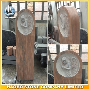 Chinese Sunset Red Marble Gravestone Angel Engraved Headstone Direct Sell European Design Marble Memorial Cemetery Custom Monument Upright Monument
