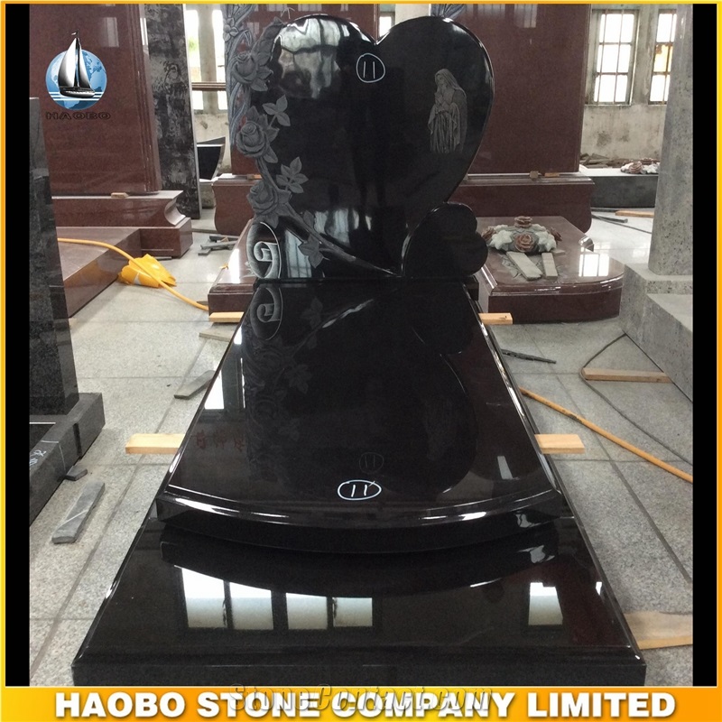 European Style Monument Black Granitestone Heart Shaped with Rose Carved Monument Direct Sale Cemetery Tombstone High Quality Monument