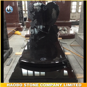 European Style Monument Black Granitestone Heart Shaped with Rose Carved Monument Direct Sale Cemetery Tombstone High Quality Monument