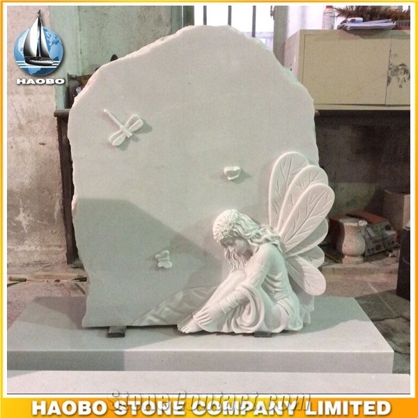 European Style Upright Headstone White Marble Dragonfly Fairy Carved Gravestone with Angel Sculptured Monument Custom Monuments Cemetery Tombstones