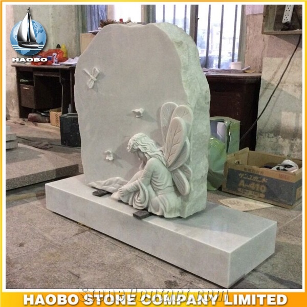 European Style Upright Headstone White Marble Dragonfly Fairy Carved Gravestone with Angel Sculptured Monument Custom Monuments Cemetery Tombstones