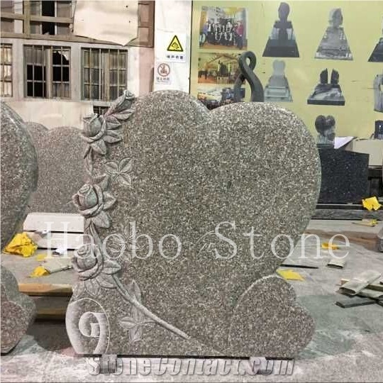 High Quality China Quarry Natural Stone Granite Heart Shaped Carved Rose Headstone for Cemetery Factory Cheap Price Slab Gravestones Unique Monument