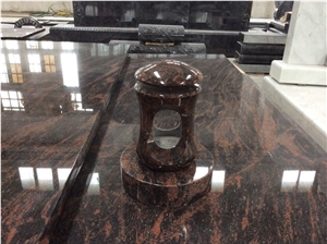 India Aurora Granite Polished Full Cover Memorial with Angel Sculpture, Book Statue, Cover and Kerbs Tombstone with Vase