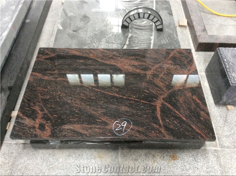 India Aurora Granite Polished Full Cover Memorial with Angel Sculpture, Book Statue, Cover and Kerbs Tombstone with Vase