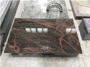 India Aurora Granite Polished Full Cover Memorial with Angel Sculpture, Book Statue, Cover and Kerbs Tombstone with Vase