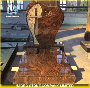 India Aurora Granite Polished Full Cover Memorial with Angel Sculpture, Book Statue, Cover and Kerbs Tombstone with Vase