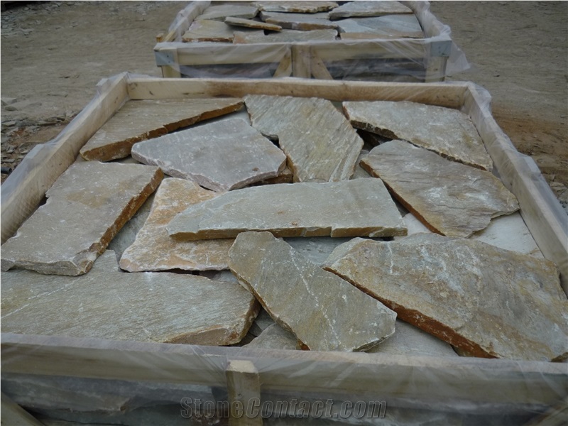 Beige Quartzite Random Flagstones Paver, Golden Quartzite Irregular Flagstone Stone, Random Flagstone Courtyard Paving , Raw Material , Irregular