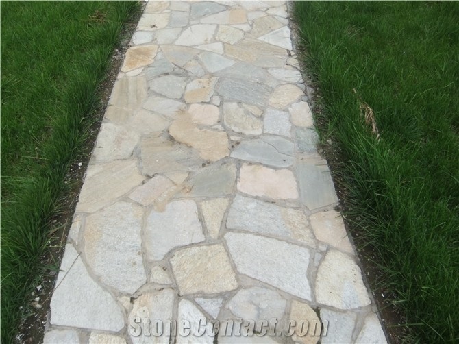 Beige Quartzite Random Flagstones Paver, Golden Quartzite Irregular Flagstone Stone, Random Flagstone Courtyard Paving , Raw Material , Irregular