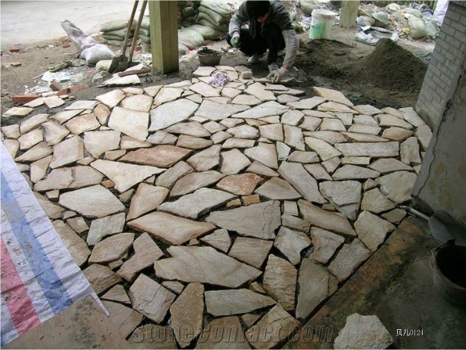 Beige Quartzite Random Flagstones Paving, Yellow Quartzite Irregular Flagstone Stone, Random Flagstone Courtyard Paving