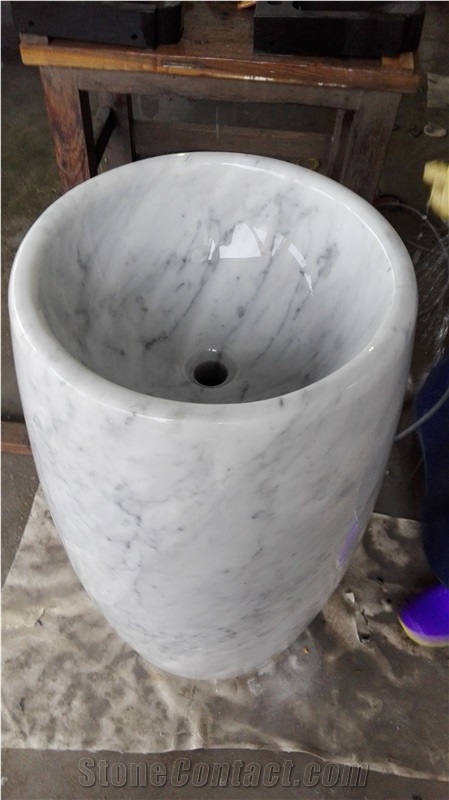 Bianco Carrara White Marble Pedestal Sink,Round Pedestail Basins,Italy Carrara White Marble Bathroom Vessel Sink,