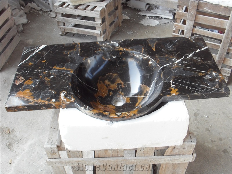 Black Gold Marble Sink,Portoro Marble Vanity Top with Round Sinks,Vessel Sinks,Black Marble Bathroom Sins,Rectangle Basins