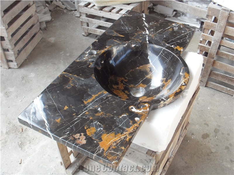 Black Gold Marble Sink,Portoro Marble Vanity Top with Round Sinks,Vessel Sinks,Black Marble Bathroom Sins,Rectangle Basins