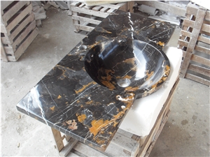 Black Gold Marble Sink,Portoro Marble Vanity Top with Round Sinks,Vessel Sinks,Black Marble Bathroom Sins,Rectangle Basins