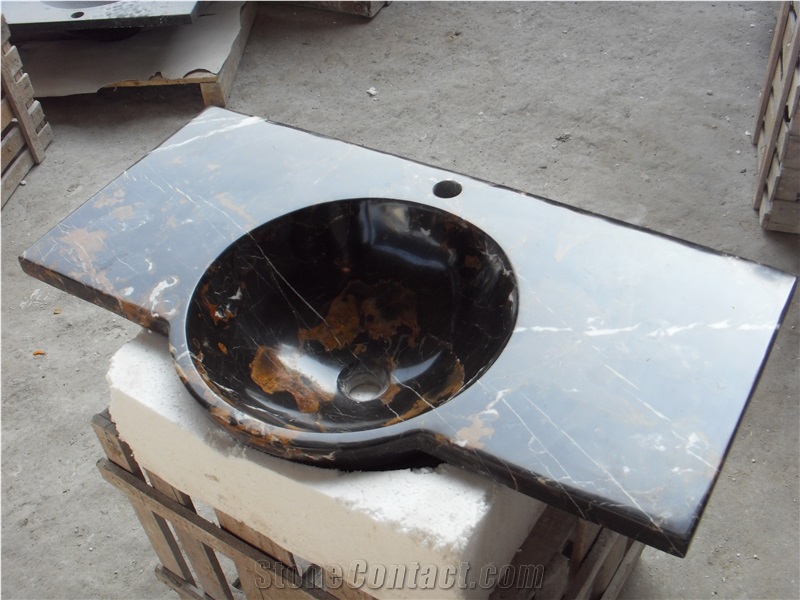 Black Gold Marble Sink,Portoro Marble Vanity Top with Round Sinks,Vessel Sinks,Black Marble Bathroom Sins,Rectangle Basins