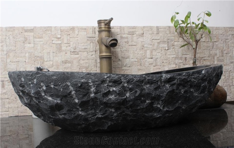 China Black Granite Round Sinks,Absolutely Black Granite Vessel Sink,Outside Natural Split Oval Washing Basin