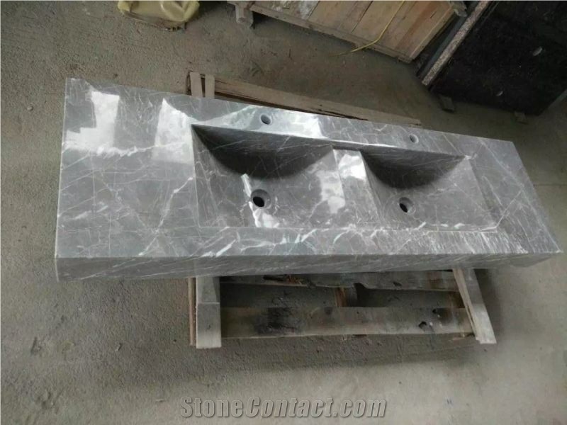 Multicolor Grey Marble Basin, Stone Square Sink, Bathroom Vessel Sink