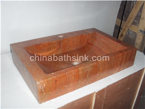 Red Travertine Square Sink, Stone Wash Basin, Marble Sink