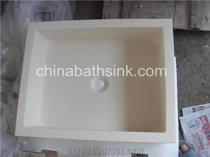 White Limestone Square Vessel Sink, Stone Wash Basin, Square Sink, Rectangle Sink