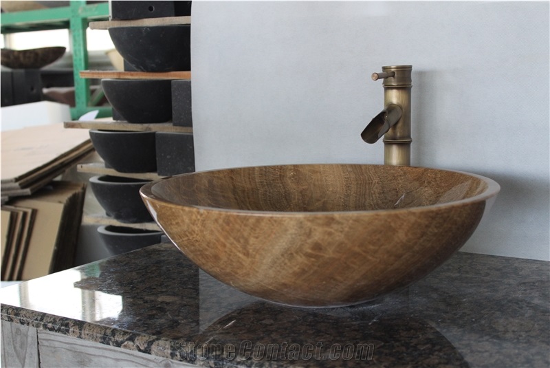 Wood Grain Onyx Bath Sink,China Golden Brown Onyx Vessel Sink,Polished Round Shaped Basins,