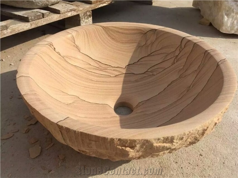Yellow Sandstone Vessel Sink,Scenery Sandstone Round Bathroon Sink,Beautiful Natural Washing Hand Sink