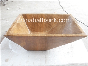 Yellow Wood Grain Marble Wash Basin, Stone Sink, Bathroom Sink, Vessel Sink, Square Sink