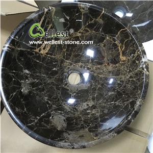 Dark Brown Emperador Dark Marble Round Sink Basin for Bathroom Kitchen