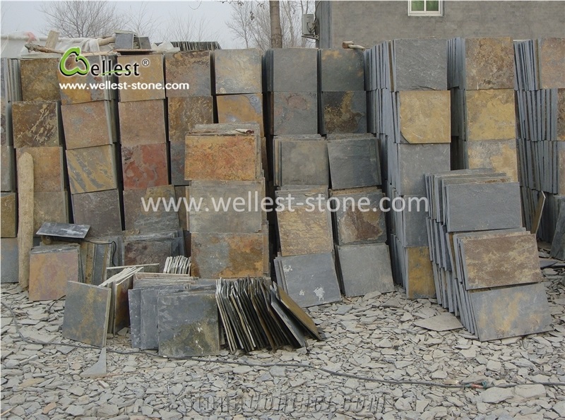 Rusty Yellow Green Slate Tile for Villa Floor Covering Cladding