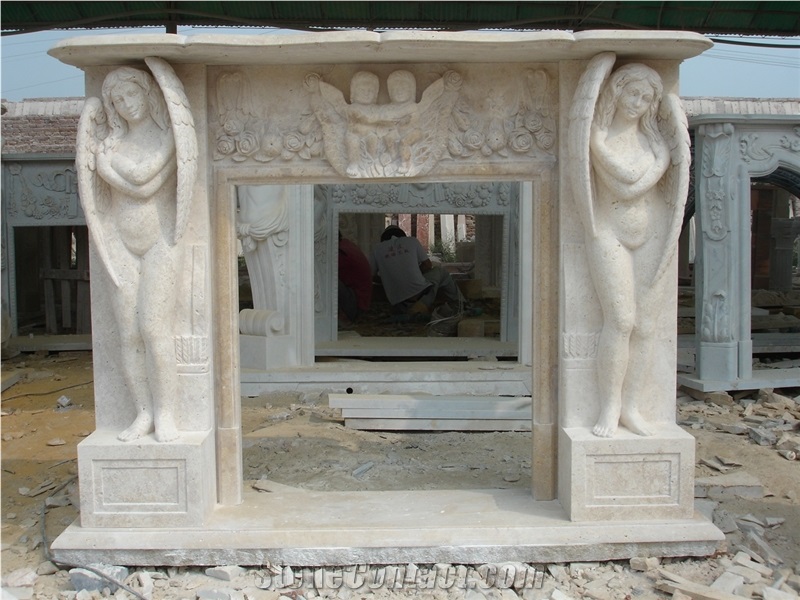 Light Beige Travertine Fireplace Mantel Surround
