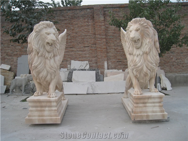 Light Pink Marble Hand Carved Lion Statue Sculpture in Pair