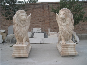 Light Pink Marble Hand Carved Lion Statue Sculpture in Pair