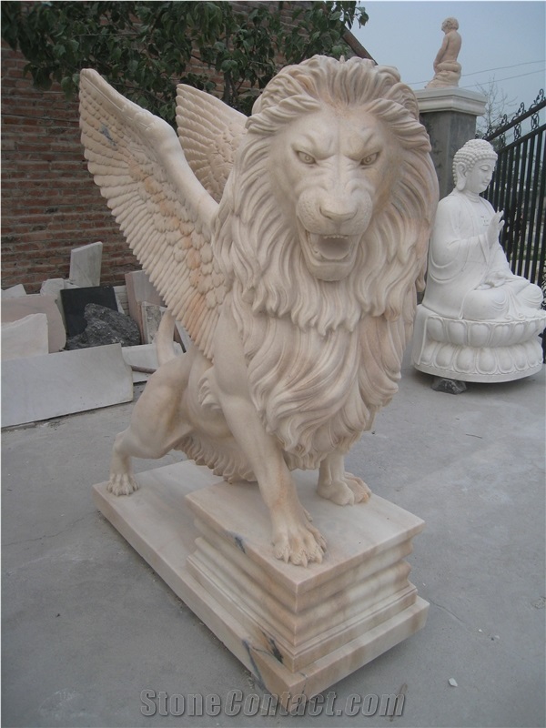 Light Pink Marble Hand Carved Lion Statue Sculpture in Pair