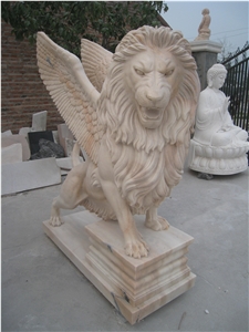 Light Pink Marble Hand Carved Lion Statue Sculpture in Pair
