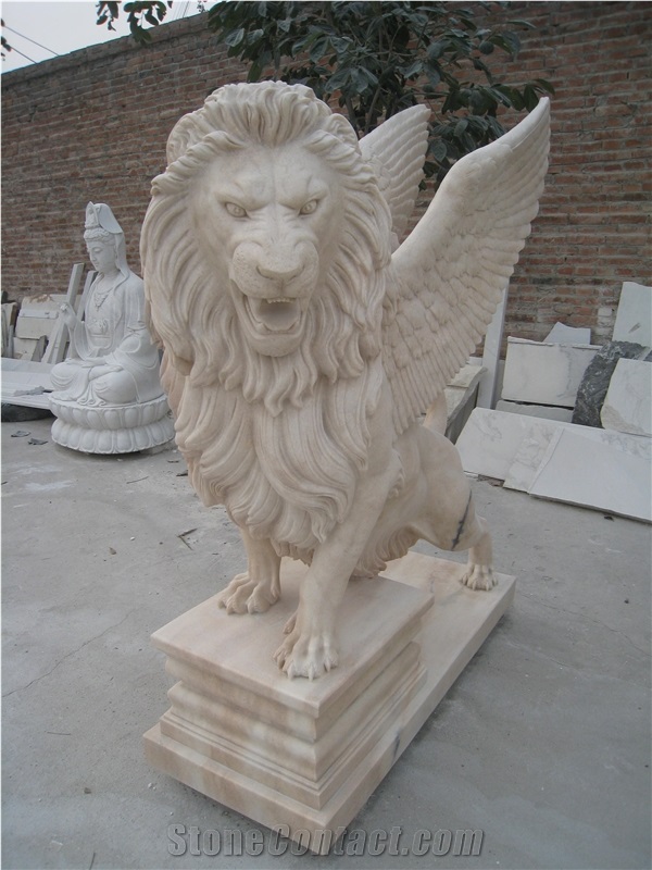 Light Pink Marble Hand Carved Lion Statue Sculpture in Pair