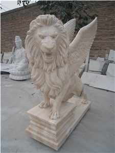 Light Pink Marble Hand Carved Lion Statue Sculpture in Pair